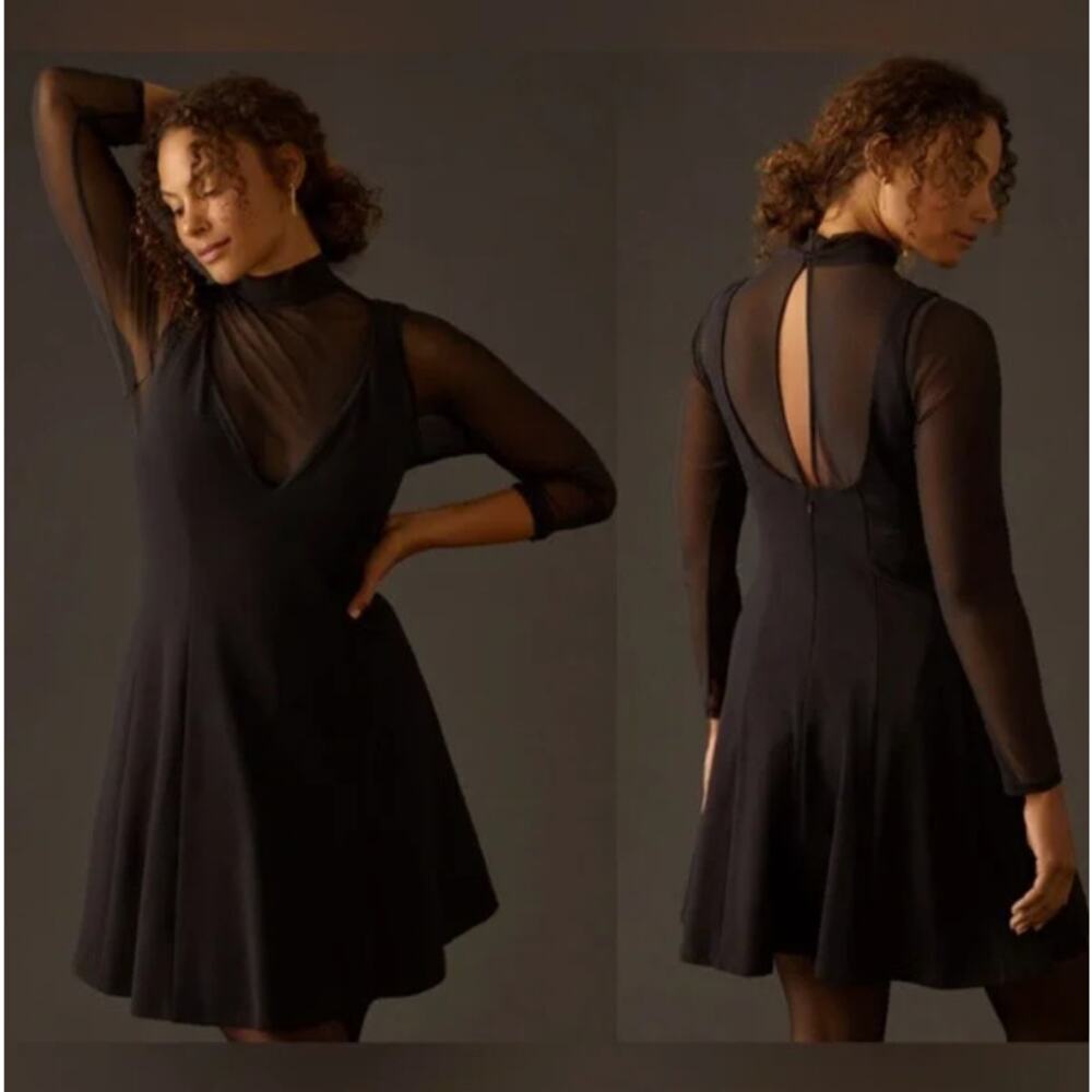 NWT Anthropologie Maeve Layered Sheer Mini Dress in Black Size XS